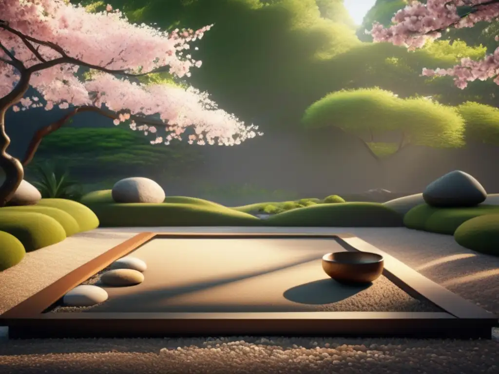 Un jardín zen sereno con rocas y cerezos en flor, simbolizando la filosofía de armonía en la vida