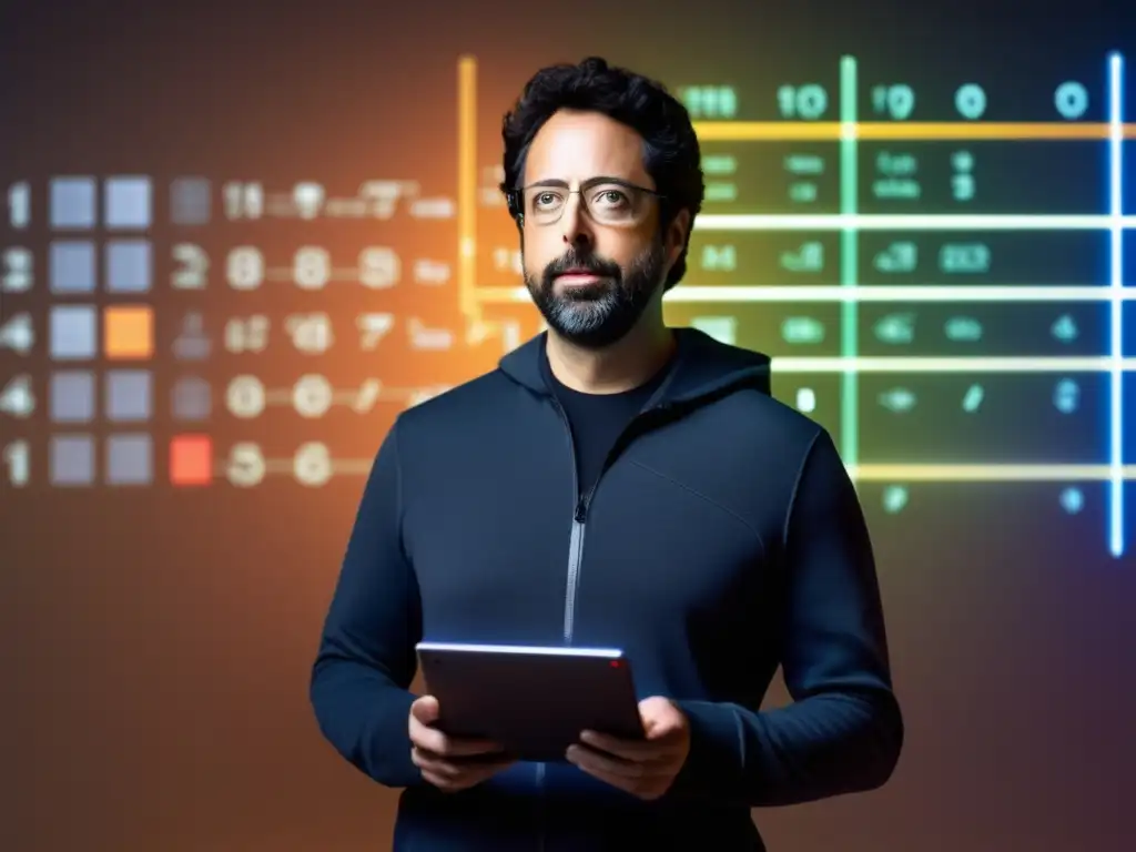 Sergey Brin en ambiente futurista, con expresión determinada, frente a pared de ecuaciones y gráficos coloridos