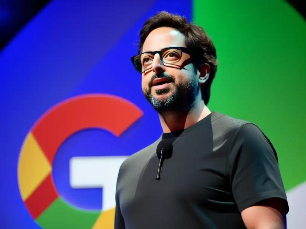 Sergey Brin, cofundador de Google, en un escenario tecnológico futurista