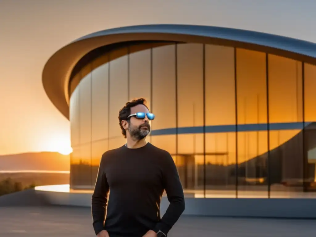 Sergey Brin, cofundador de Google, frente a un edificio futurista al atardecer, proyecta determinación y visión