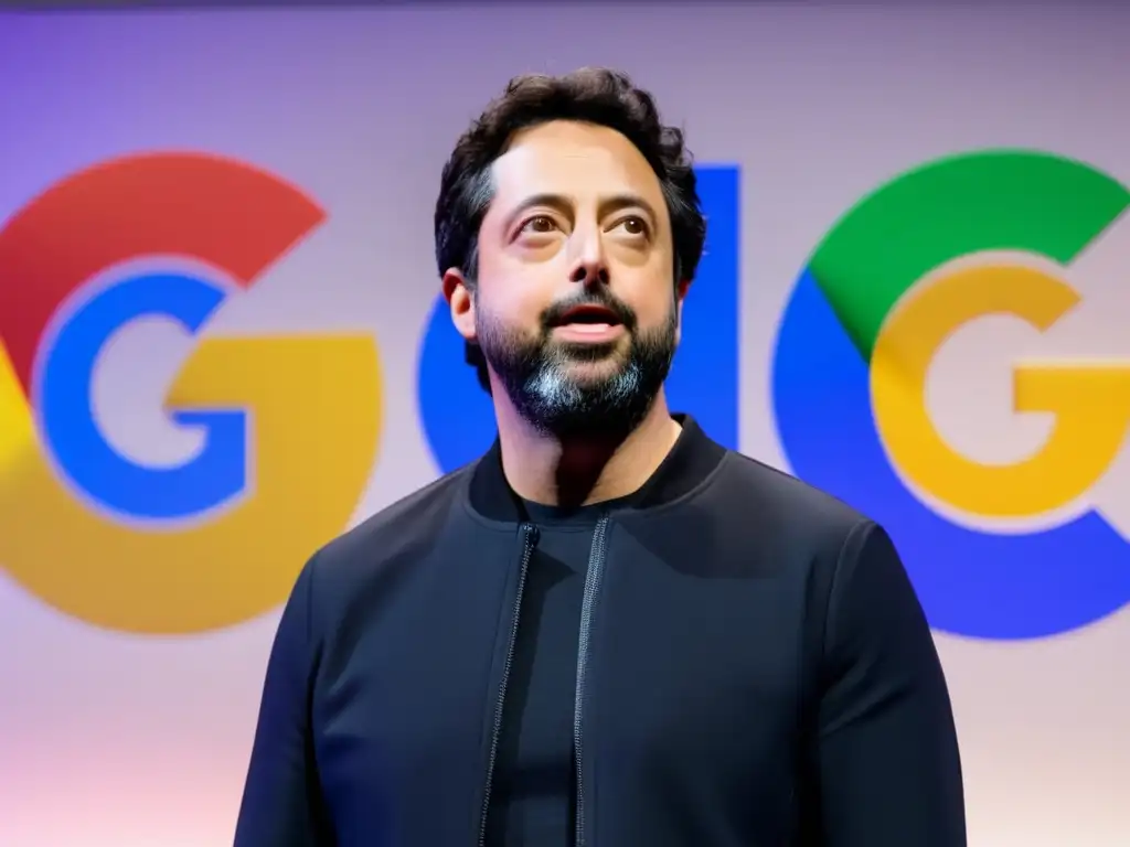 Sergey Brin reflexiona frente al logo de Google, rodeado de pantallas digitales que muestran sus productos y servicios