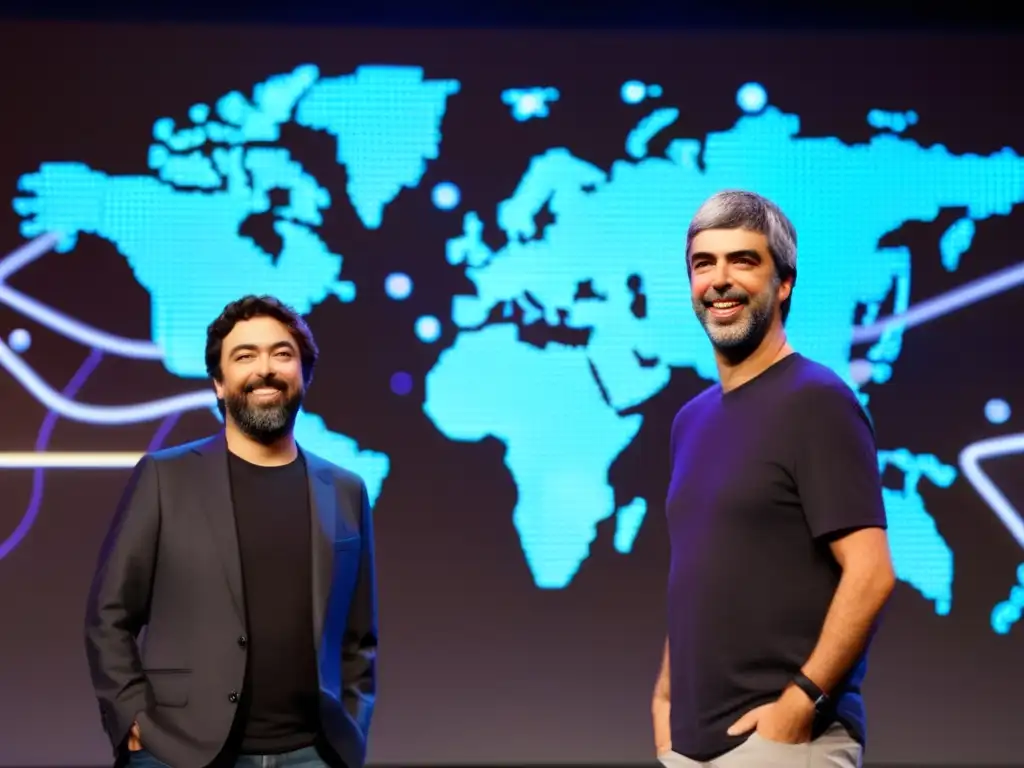 Sergey Brin y Larry Page, fundadores de Google, frente a un mapa digital, simbolizando su impacto global