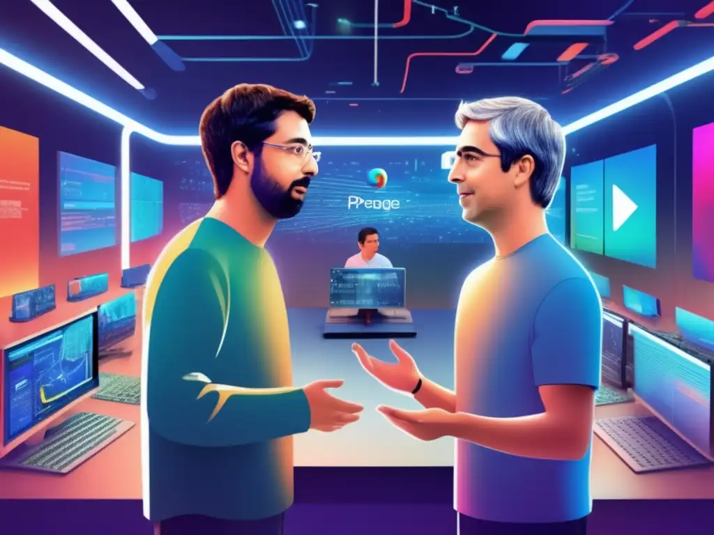 Sergey Brin y Larry Page colaborando en un laboratorio tecnológico futurista