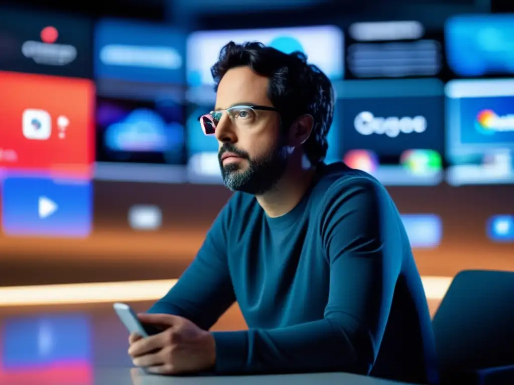 Sergey Brin reflexiona en su moderna oficina, rodeado de pantallas que muestran redes sociales y visualizaciones de datos
