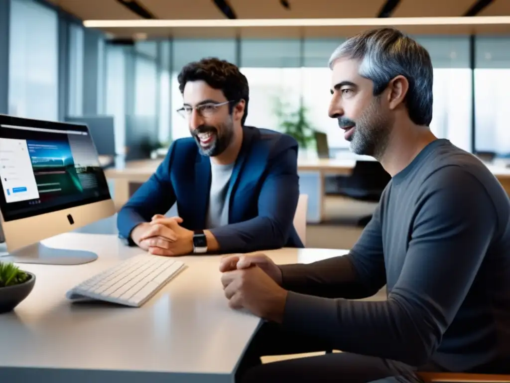 Sergey Brin y Larry Page colaborando en una oficina moderna, rodeados de tecnología de vanguardia y discutiendo frente a la interfaz digital de Google