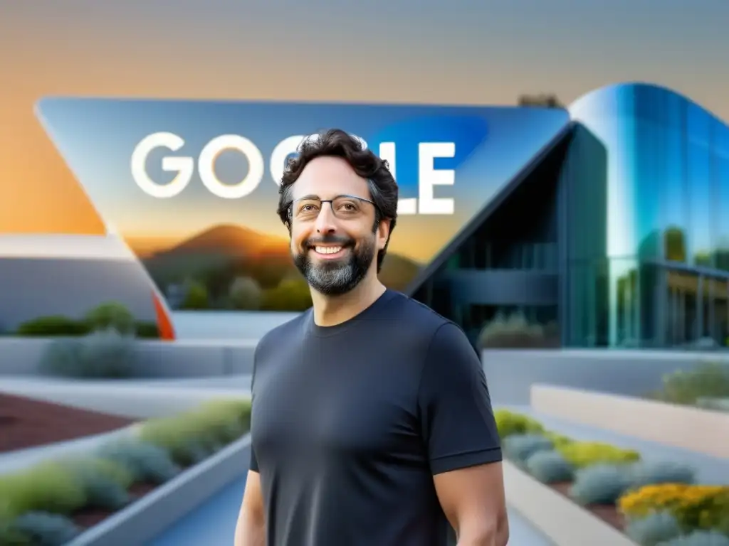 Sergey Brin en la sede de Google, rodeado de un paisaje futurista y con expresión visionaria