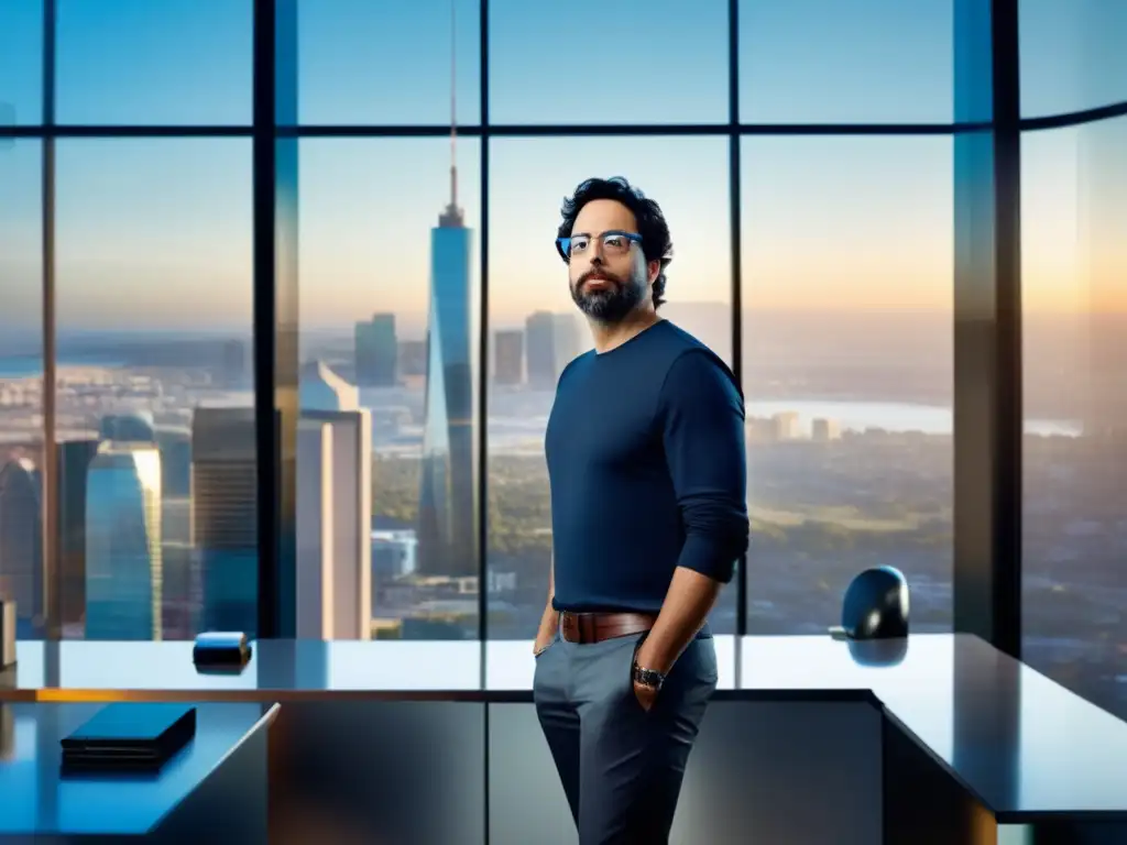 Sergey Brin, con visión estratégica, en una oficina moderna rodeado de tecnología innovadora, mirando confiado a la ciudad