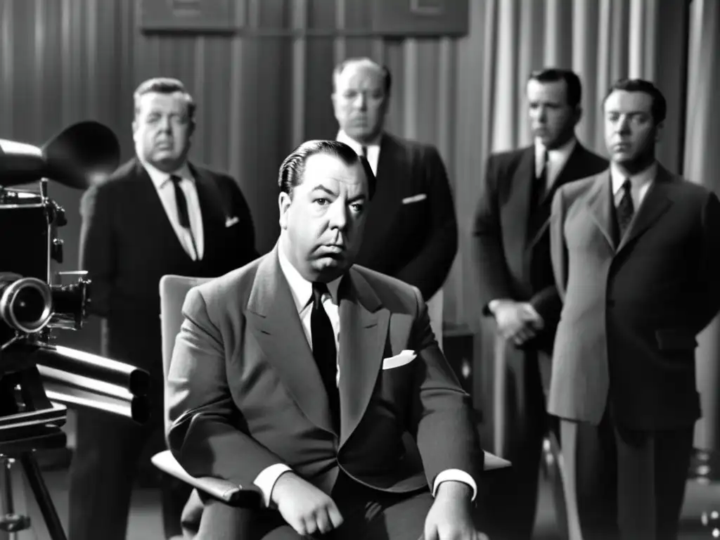 Alfred Hitchcock en el set de filmación, con expresión seria pero determinada