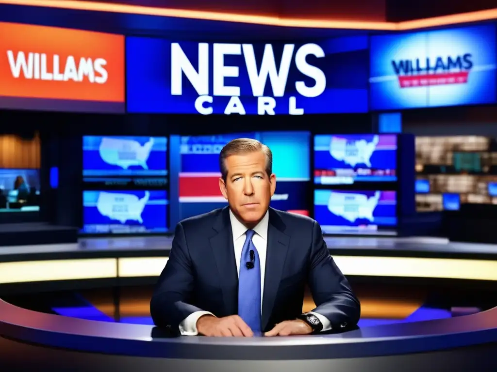 Brian Williams en un set de noticias, rodeado de monitores, proyecta profesionalismo y autoridad