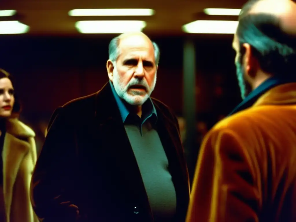 En el set de filmación, Brian De Palma dirige una escena de suspenso con maestría, destacando su presencia imponente