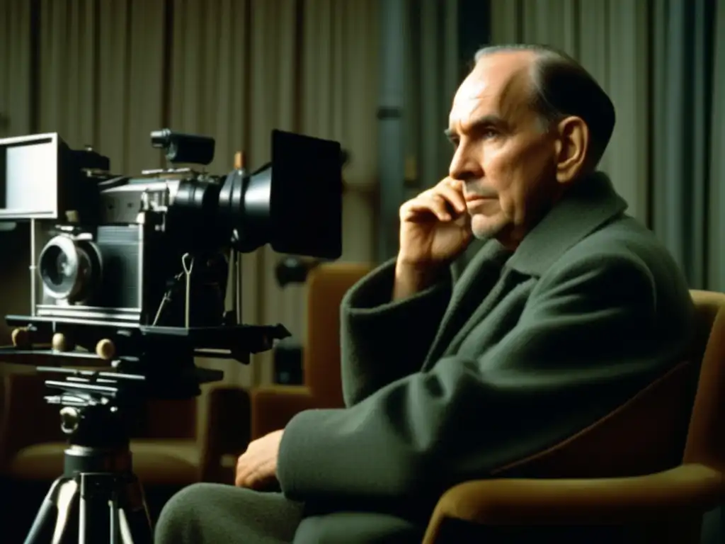 Ingmar Bergman en un set de filmación rodeado de cámaras vintage y equipo, con una intensa concentración