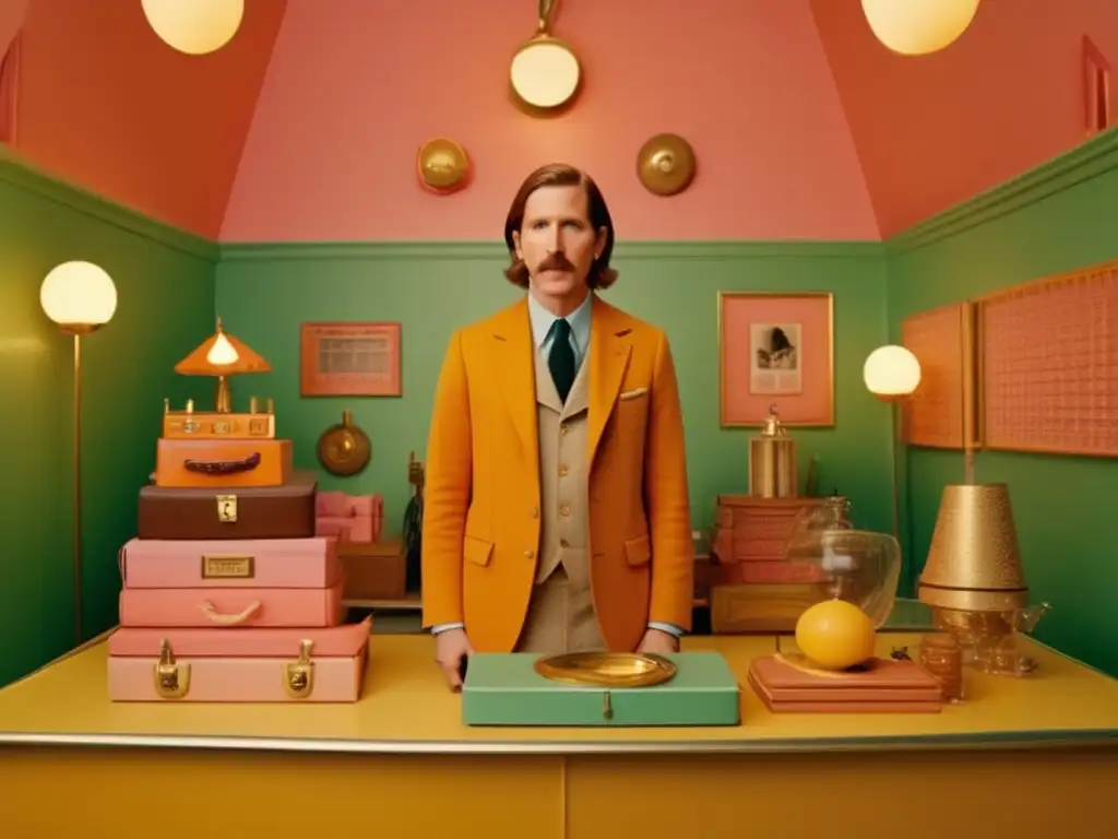 Wes Anderson en un set de filmación, rodeado de su distintiva paleta de colores pastel, dirigiendo con expresión enfocada pero caprichosa