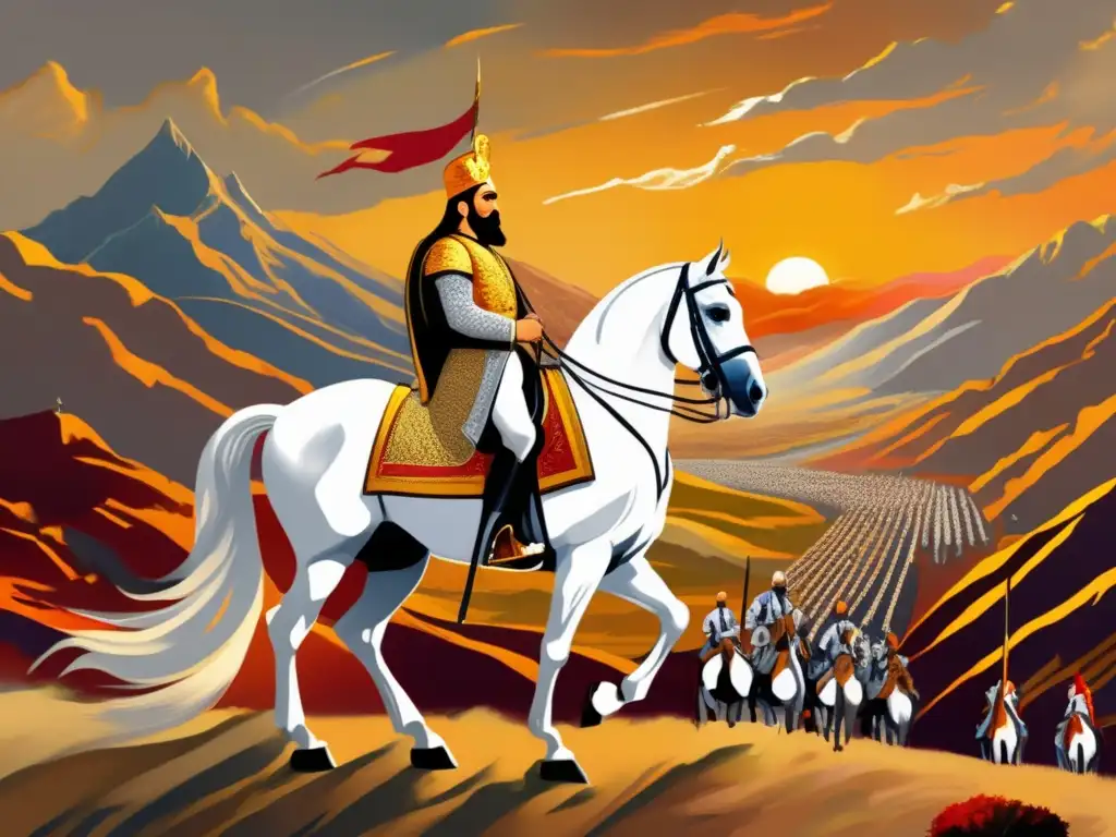 Nader Shah lidera un ejército en un paisaje montañoso al atardecer