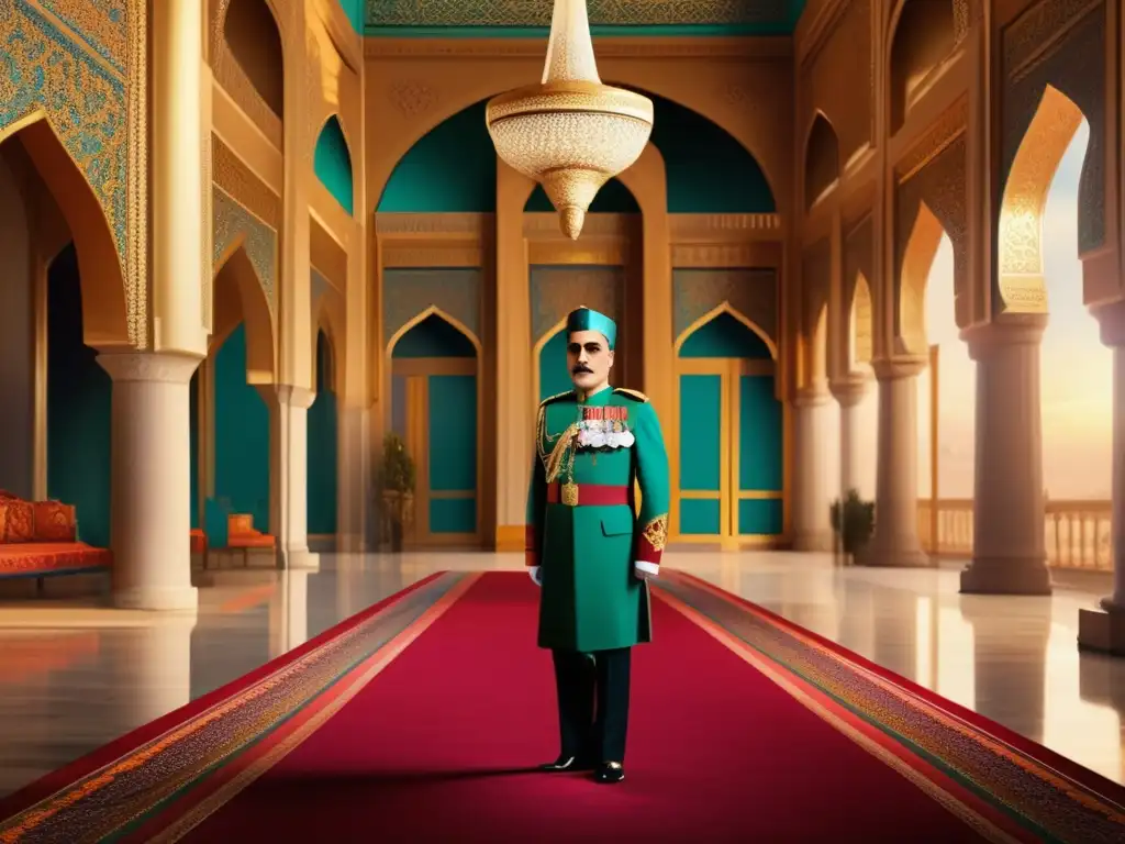 Reza Shah Pahlavi de pie con confianza en un opulento palacio, irradiando autoridad