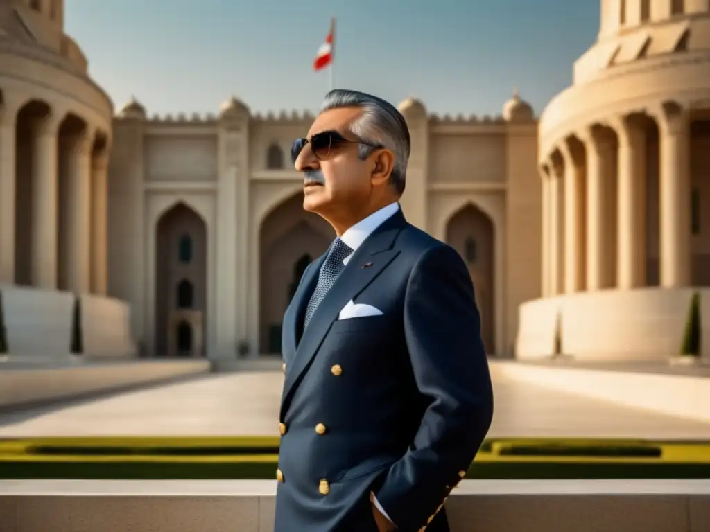 Reza Shah Pahlavi en pose profesional, con un fondo arquitectónico que simboliza modernización