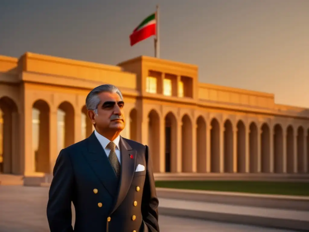 Reza Shah Pahlavi, líder visionario, de pie frente a un edificio modernizado al atardecer