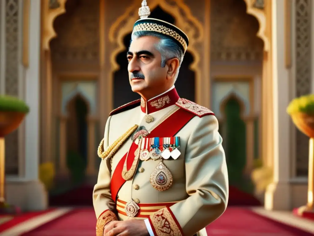 Biografía del Shah Mohammad Reza Pahlavi en palacio opulento, exudando autoridad y riqueza