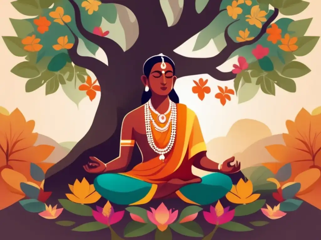 Shankara Bhagavatpada en profunda meditación bajo un árbol sagrado, rodeado de exuberante vegetación y flores coloridas