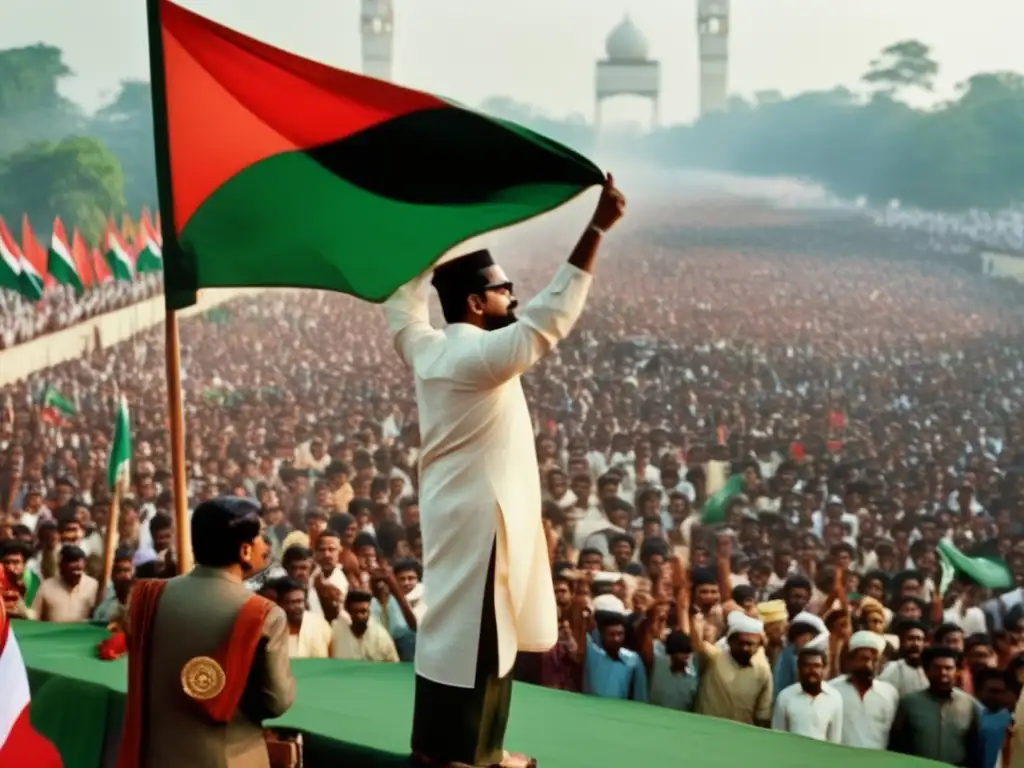 Sheikh Mujibur Rahman lidera la lucha por la independencia Bengali, inspirando a una multitud con su apasionado discurso