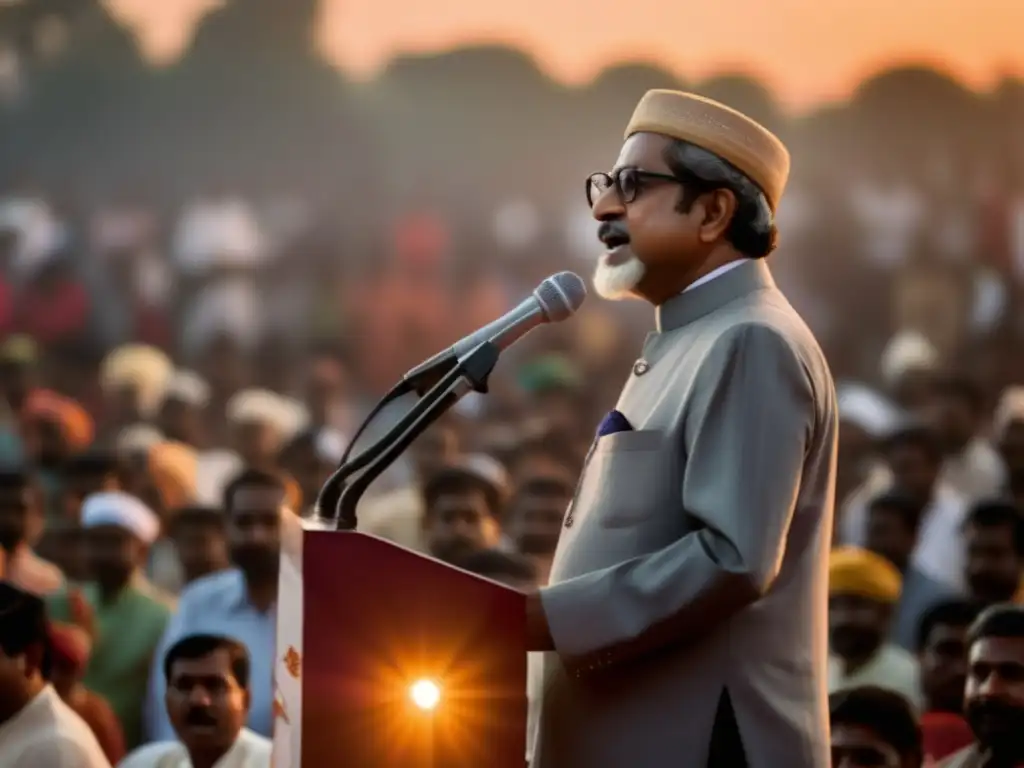 Sheikh Mujibur Rahman lidera la lucha por la independencia Bengali, con determinación ante una multitud diversa al atardecer