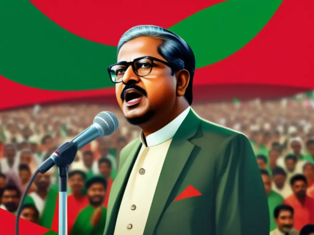 Sheikh Mujibur Rahman lidera la lucha por la independencia Bengali, inspira esperanza y unidad en una ilustración digital de alta resolución