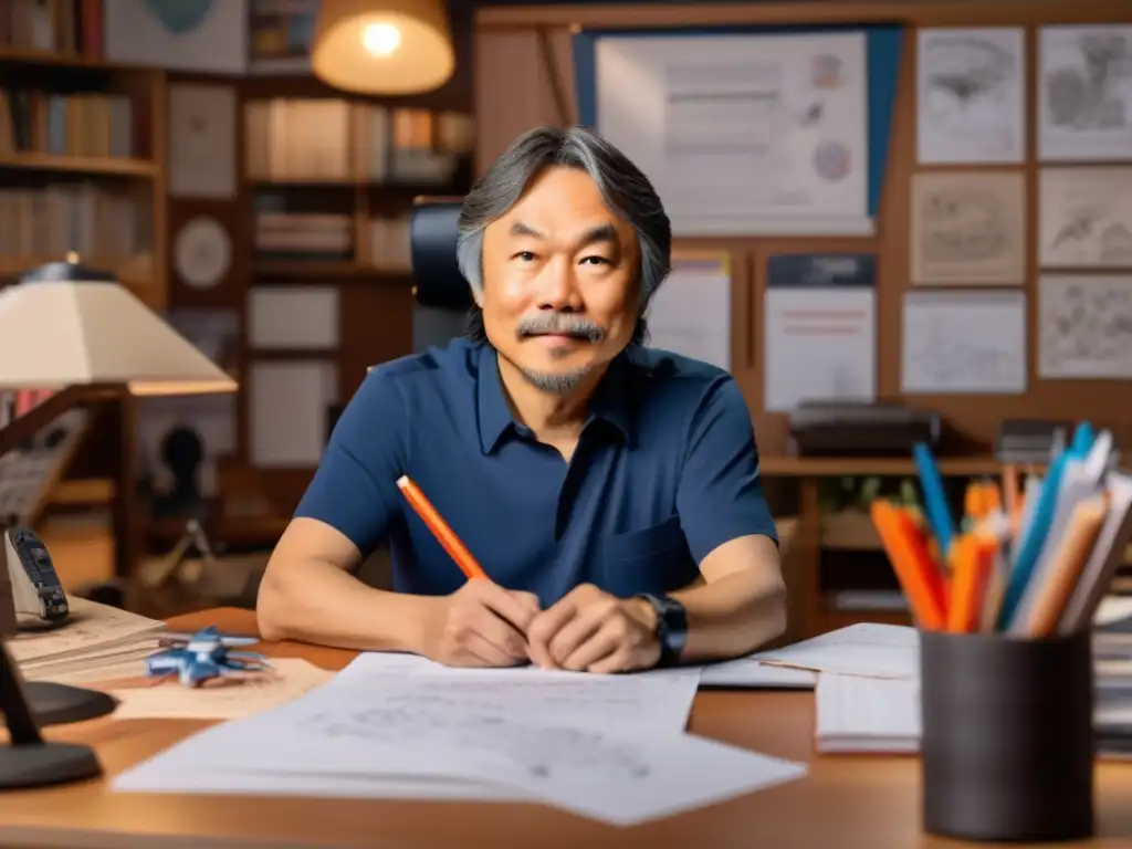Shigeru Miyamoto, legendario diseñador de videojuegos, se concentra en su trabajo rodeado de bocetos y notas