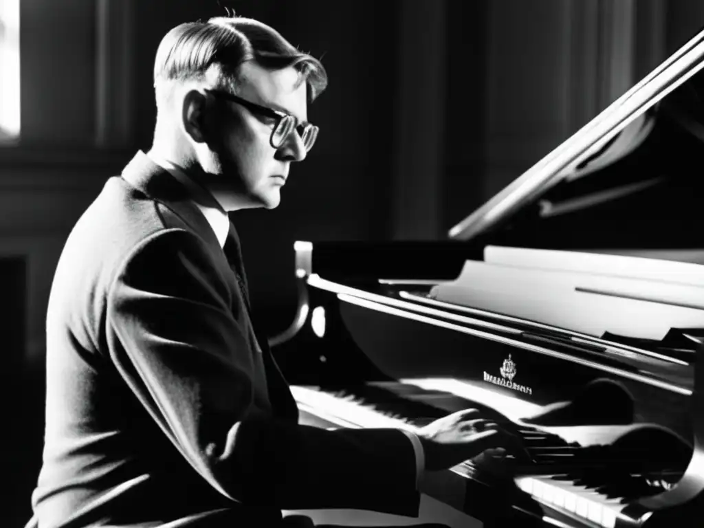 Dmitri Shostakovich en el piano, concentrado bajo la luz dramática