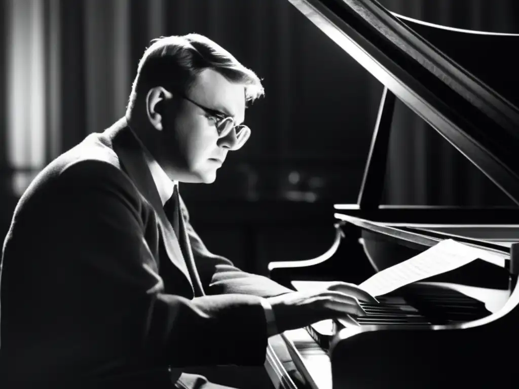 Dmitri Shostakovich en un piano, concentrado en la partitura bajo una luz dramática