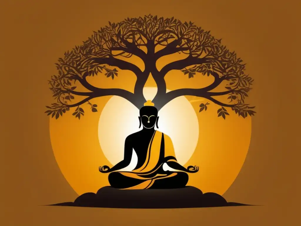 Meditación bajo el Bodhi: Ilustración serena de Siddhartha Gautama Siddhartha Gautama medita bajo el árbol Bodhi en una ilustración serena y minimalista, emanando tranquilidad y transformación budista