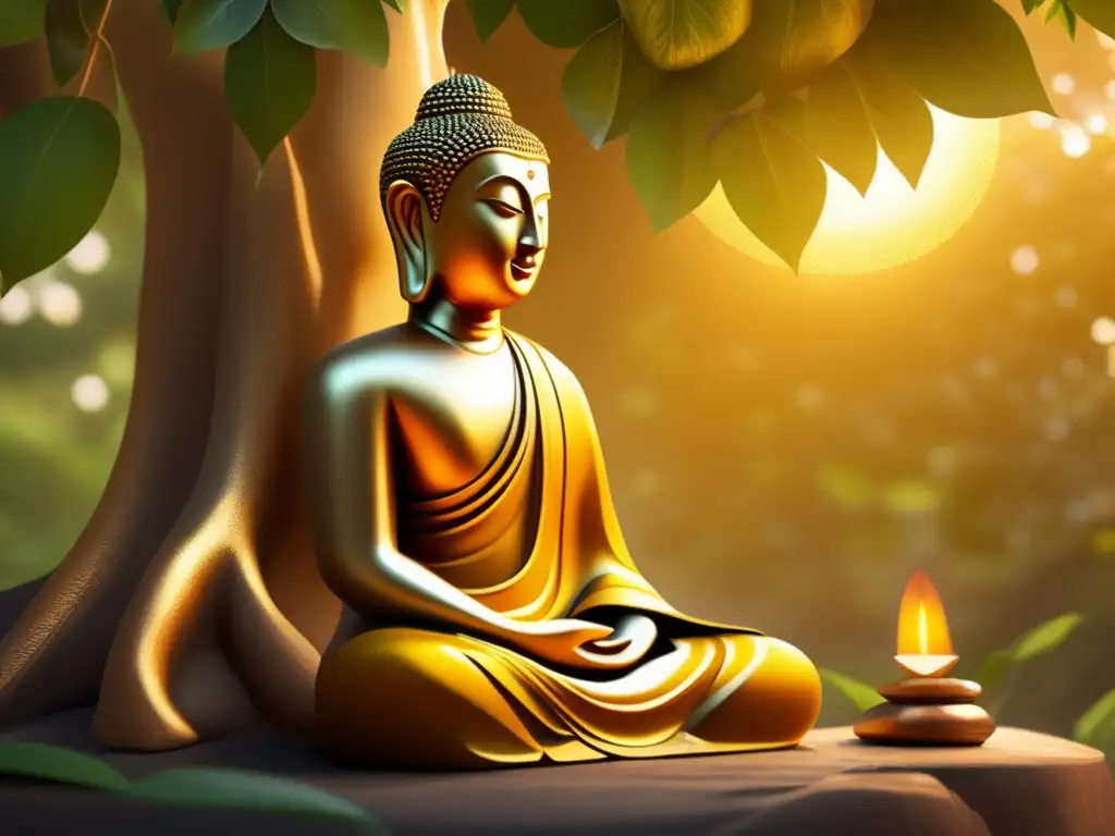 Meditación serena: Buda bajo el árbol Bodhi Siddhartha Gautama medita bajo el árbol Bodhi, rodeado de exuberante vegetación y bañado por la luz dorada