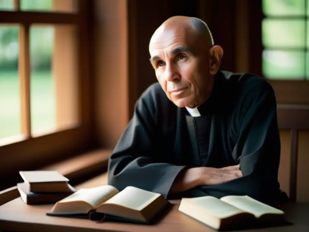 Thomas Merton: Líder en Silencio y Reflexión Una fotografía de alta resolución de Thomas Merton en silenciosa contemplación, rodeado de libros y diarios en un ambiente sereno y académico