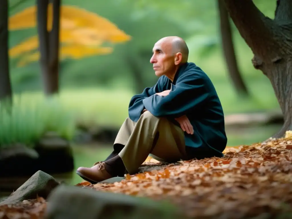 Thomas Merton: Líder contemplativo en la naturaleza serene Una fotografía de alta resolución de Thomas Merton en silenciosa contemplación, rodeado por la serena belleza de la naturaleza
