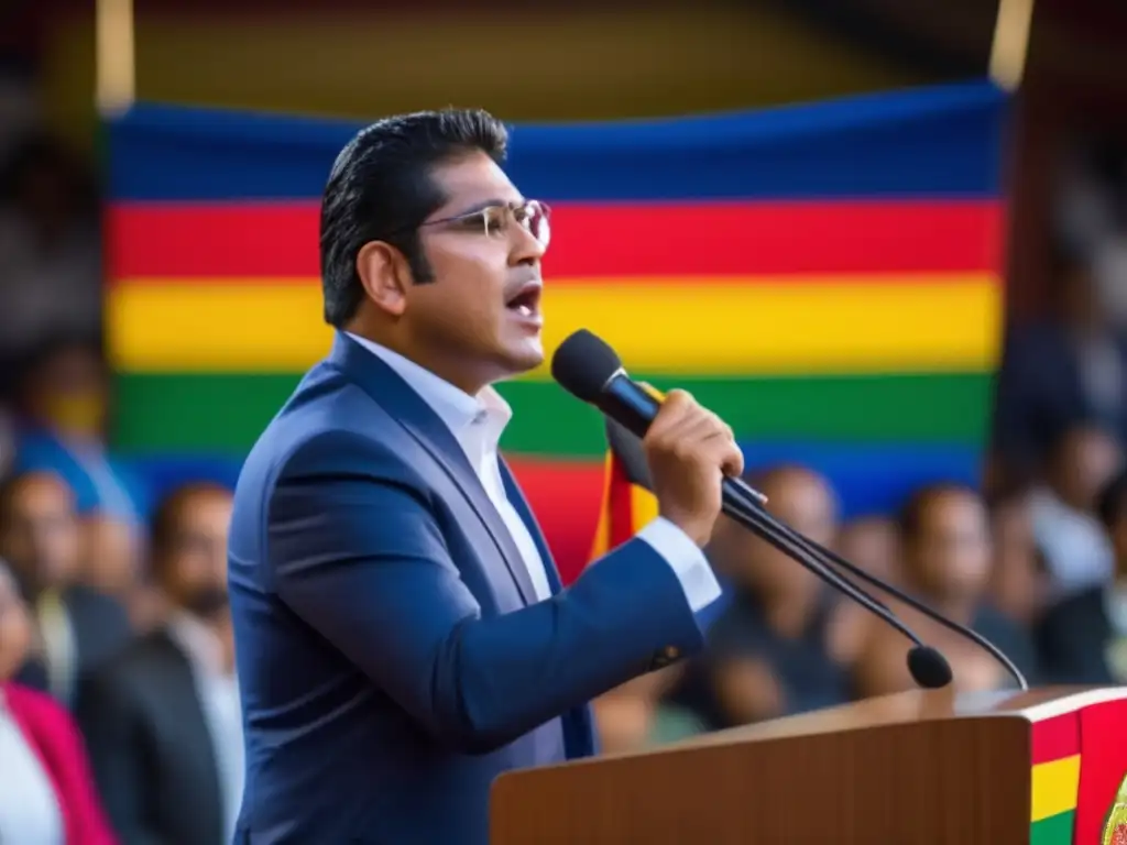 Hernán Siles Zuazo liderazgo Bolivia siglo XX - Imagen impactante de Siles Zuazo dando un potente discurso, con la bandera boliviana de fondo y un público diverso atento, reflejando su carismático liderazgo