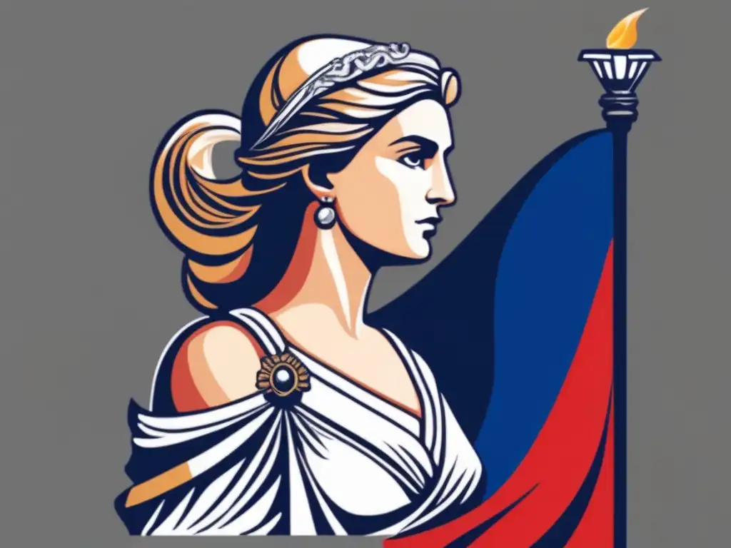 Marianne, símbolo de la Revolución Francesa, con la antorcha y la bandera francesa, irradiando determinación y poder