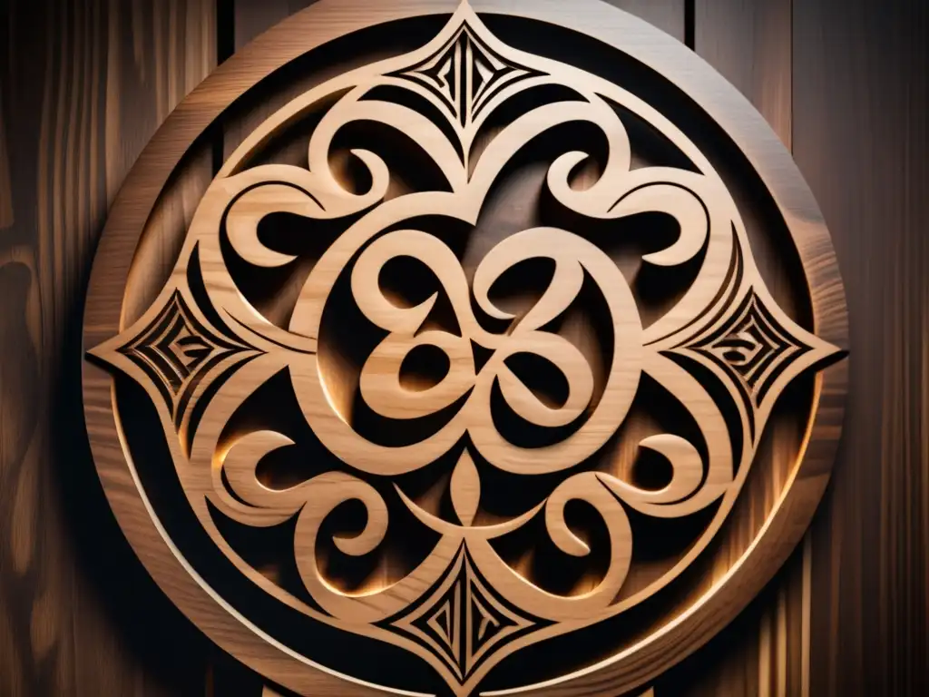 Un símbolo Adinkra tallado en madera oscura, con patrones geométricos y textura natural
