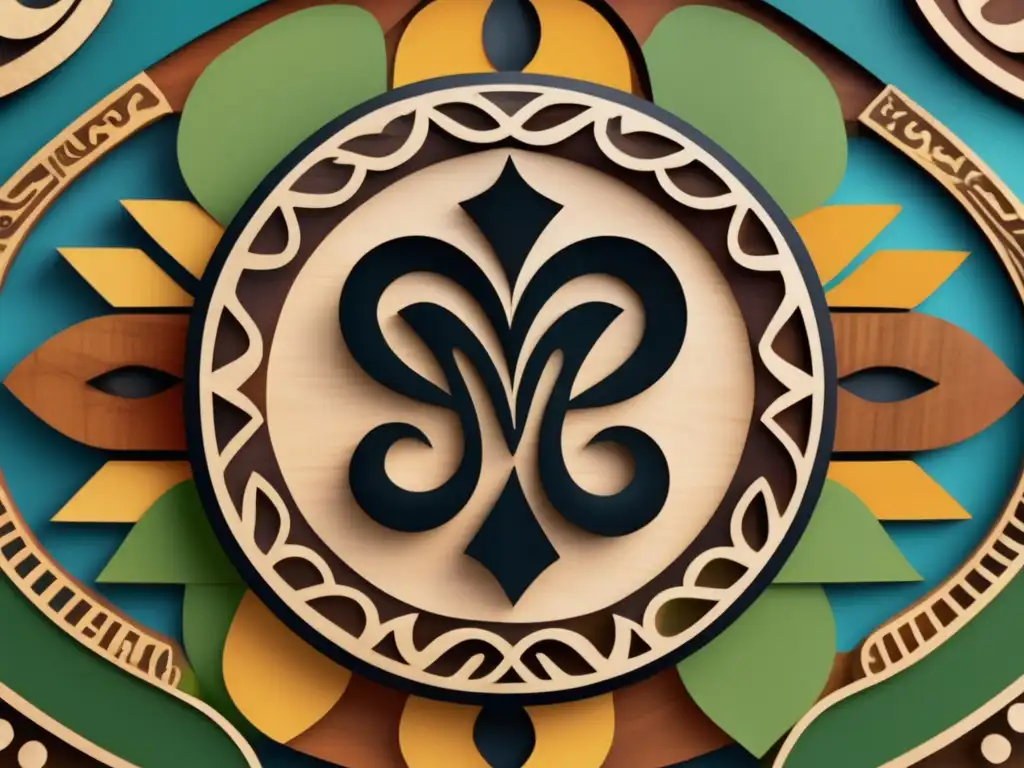 Un símbolo Adinkra tallado en madera y pintado con colores vibrantes, en un bullicioso mercado africano