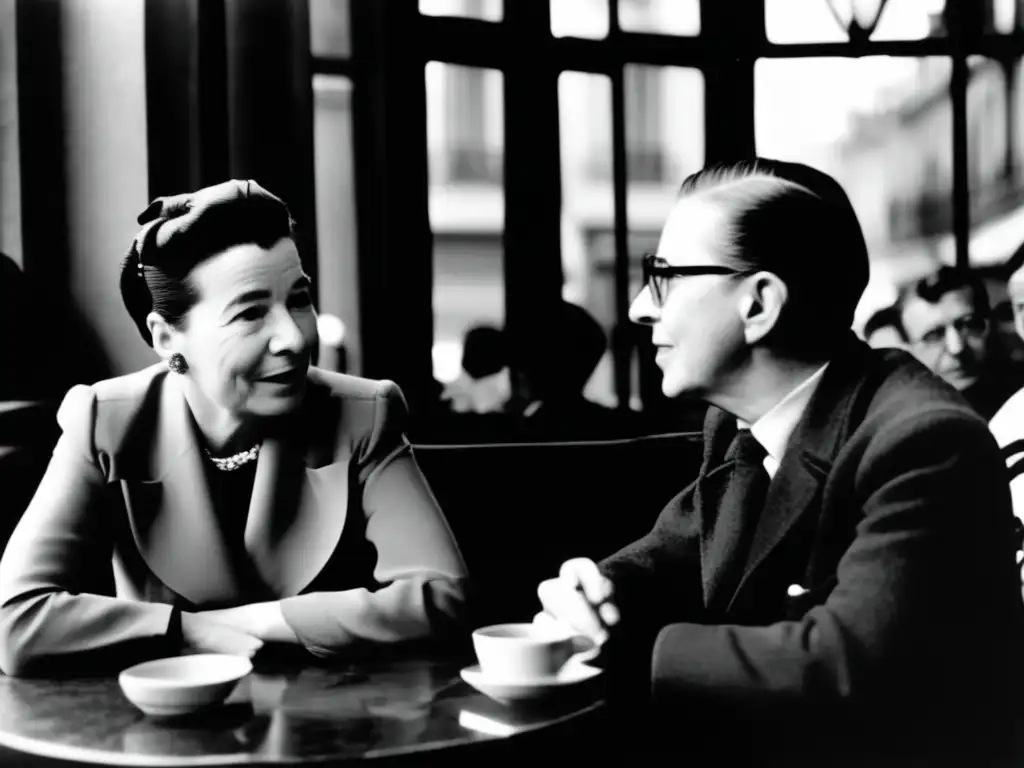 Simone de Beauvoir y Jean-Paul Sartre debaten apasionadamente en un café parisino sobre feminismo, existencialismo y libertad