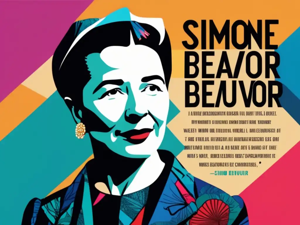 Simone de Beauvoir desafiante destaca entre citas y símbolos feministas, irradiando empoderamiento e influencia intelectual