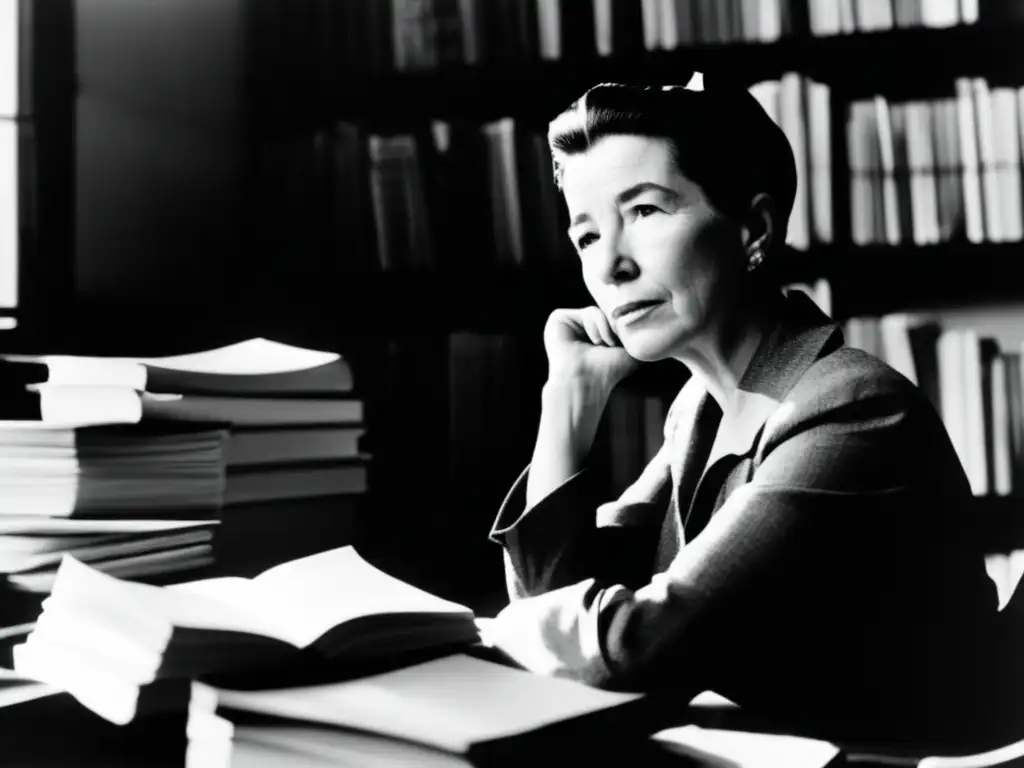 Simone de Beauvoir inmersa en el pensamiento feminista, rodeada de libros y papeles, concentrada en su legado