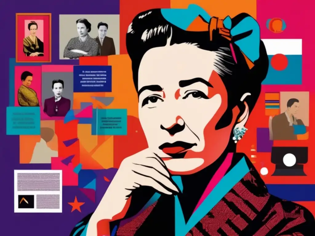 Simone de Beauvoir en una obra de arte moderna, rodeada de simbolismo feminista y con expresión confiada