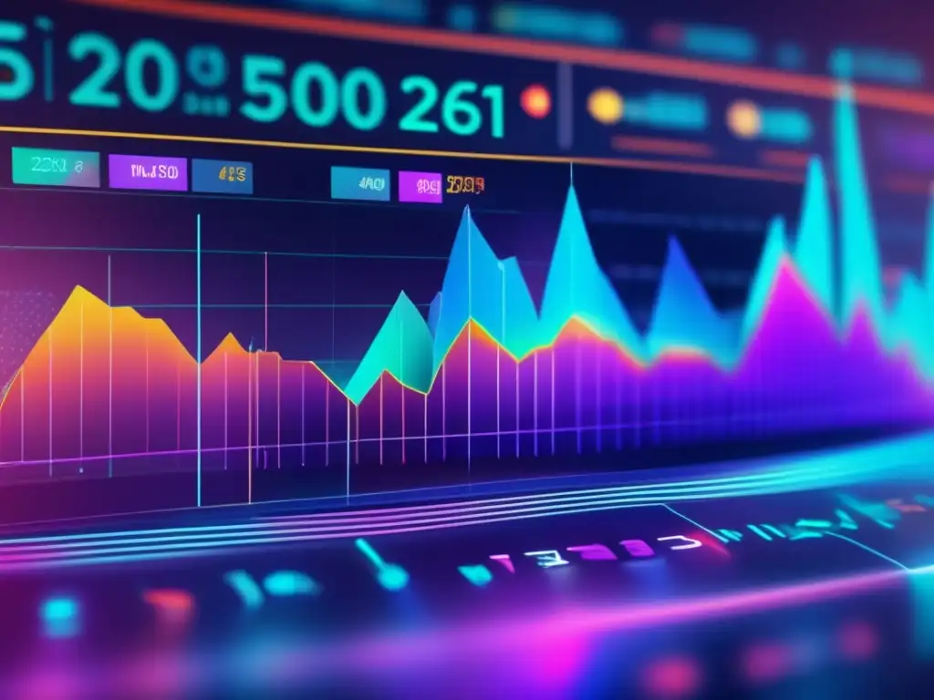 Una simulación detallada del mercado financiero, con gráficos, datos y visualizaciones en un holograma