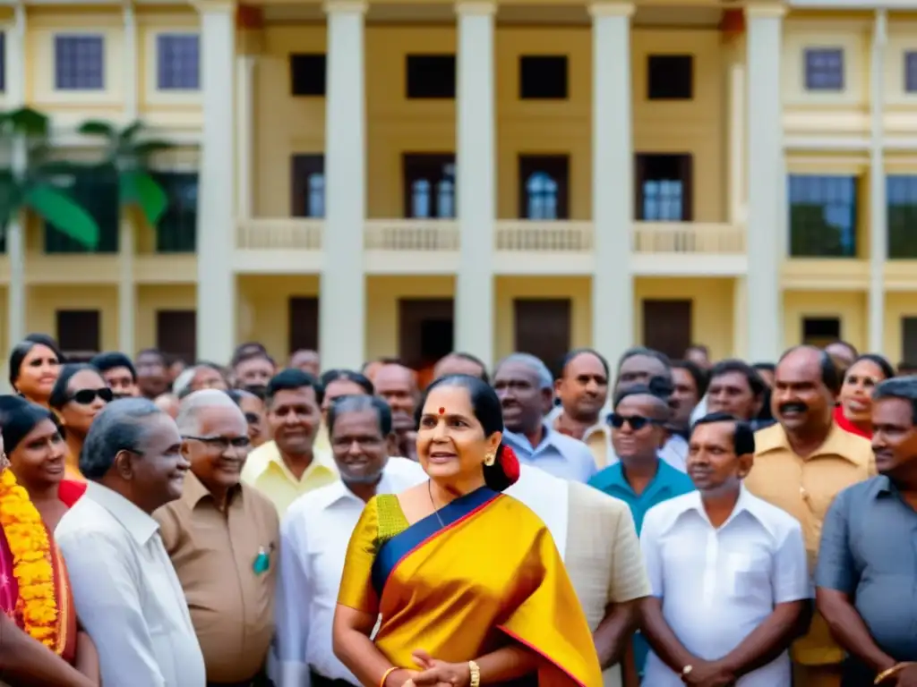 Sirimavo Bandaranaike primera mujer primera ministra habla frente a seguidores, irradiando empoderamiento y liderazgo