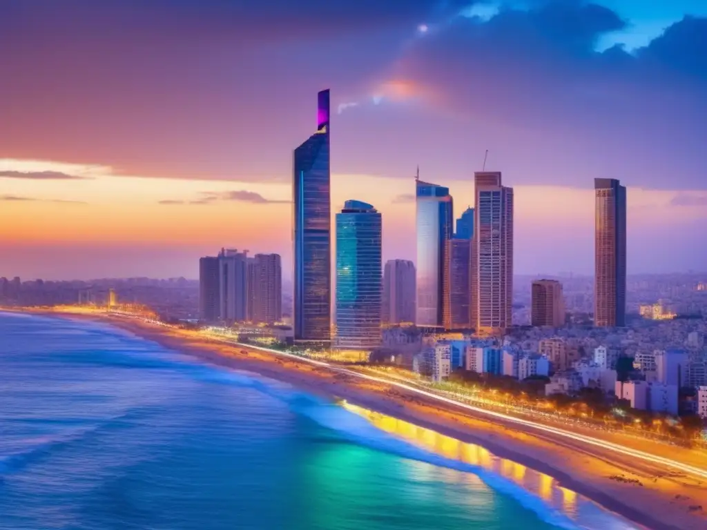El skyline de Tel Aviv se ilumina al atardecer, reflejando la energía innovadora de la ciudad
