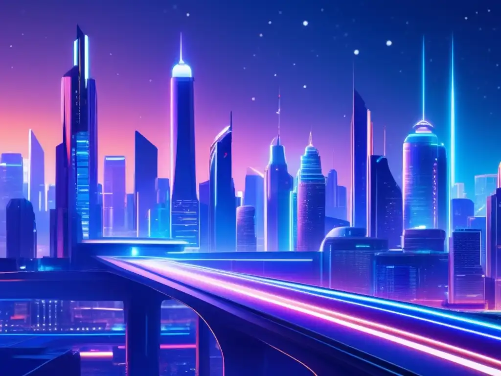 Un skyline futurista con edificios metálicos y luces de neón reflejadas