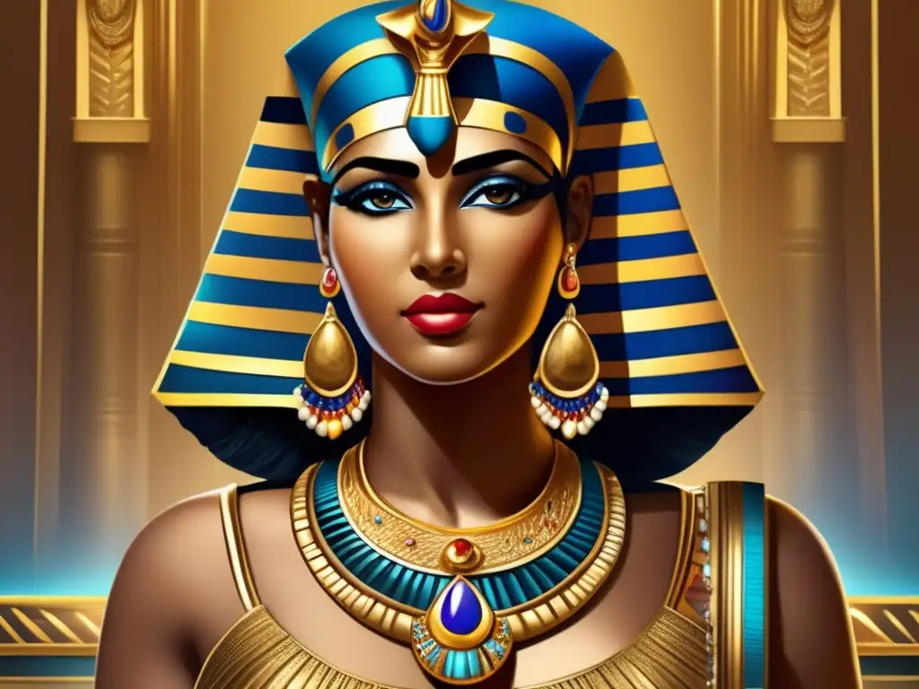 Cleopatra VII, soberana de la Dinastía Ptolemaica Egipto Helenístico, irradia majestuosidad y poder en esta detallada obra digital ultrarrealista