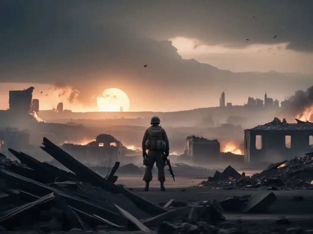 Un sobrecogedor paisaje de guerra, con una ciudad en ruinas y una figura solitaria