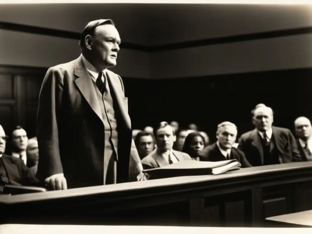 Clarence Darrow abogado justicia social en un intenso juicio, con gestos apasionados y miradas atentas del jurado