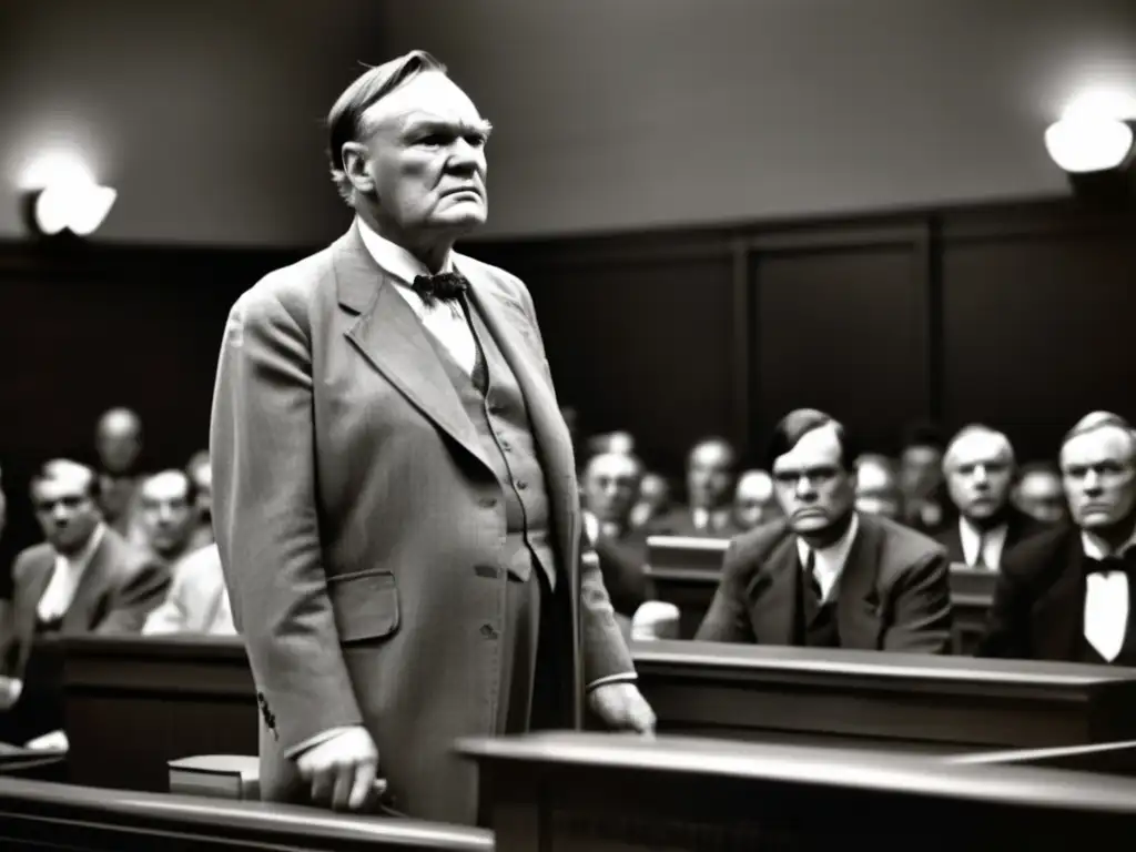 Clarence Darrow abogado justicia social en un juicio, con determinación frente al jurado y espectadores