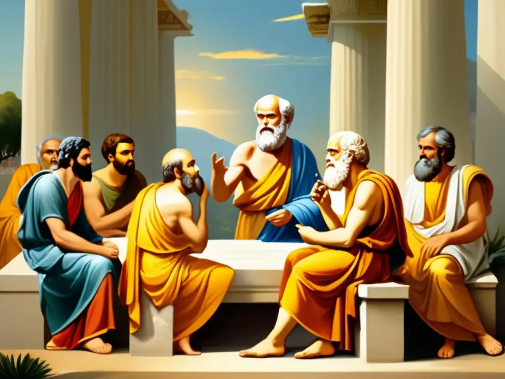 Sócrates y sus discípulos dialogan en la antigua Ágora de Atenas, destacando el pensamiento crítico y la filosofía