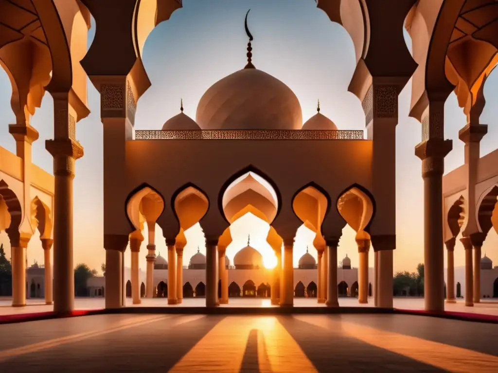 El sol dorado ilumina una mezquita al atardecer, resaltando sus intrincados diseños geométricos